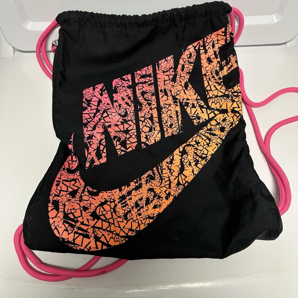 Nike Drawstring Bag Pink/Orange/Black Zipper Pocket Drawstrings Athletic Sports
